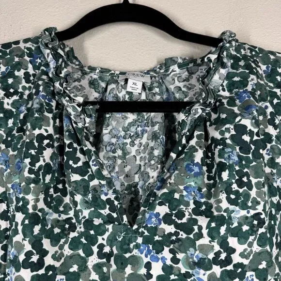 J. Crew Factory Split Neck Ruffle Green Floral Top Long Sleeve Blouse Women’s XL - Picture 2 of 6